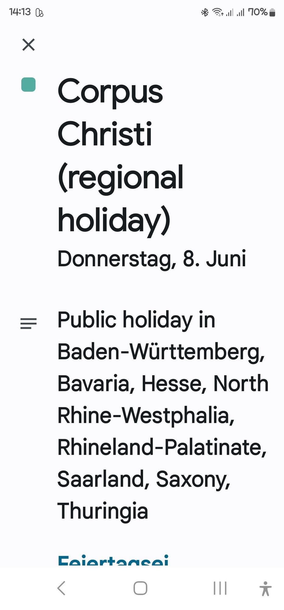 Kalender und Einstellungen auf Deutsch aber zeigt alle Feiertage in