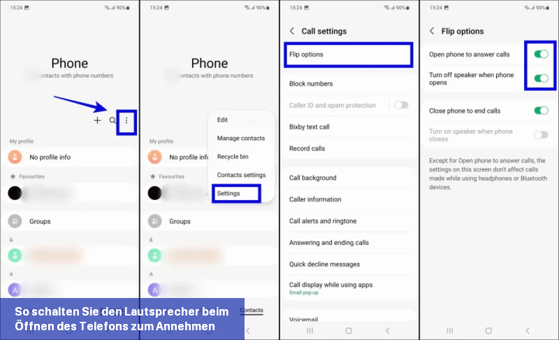 So schalten Sie den Lautsprecher beim Öffnen des Telefons zum Annehmen von Anrufen ein und aus auf dem Galaxy Z Flip 5